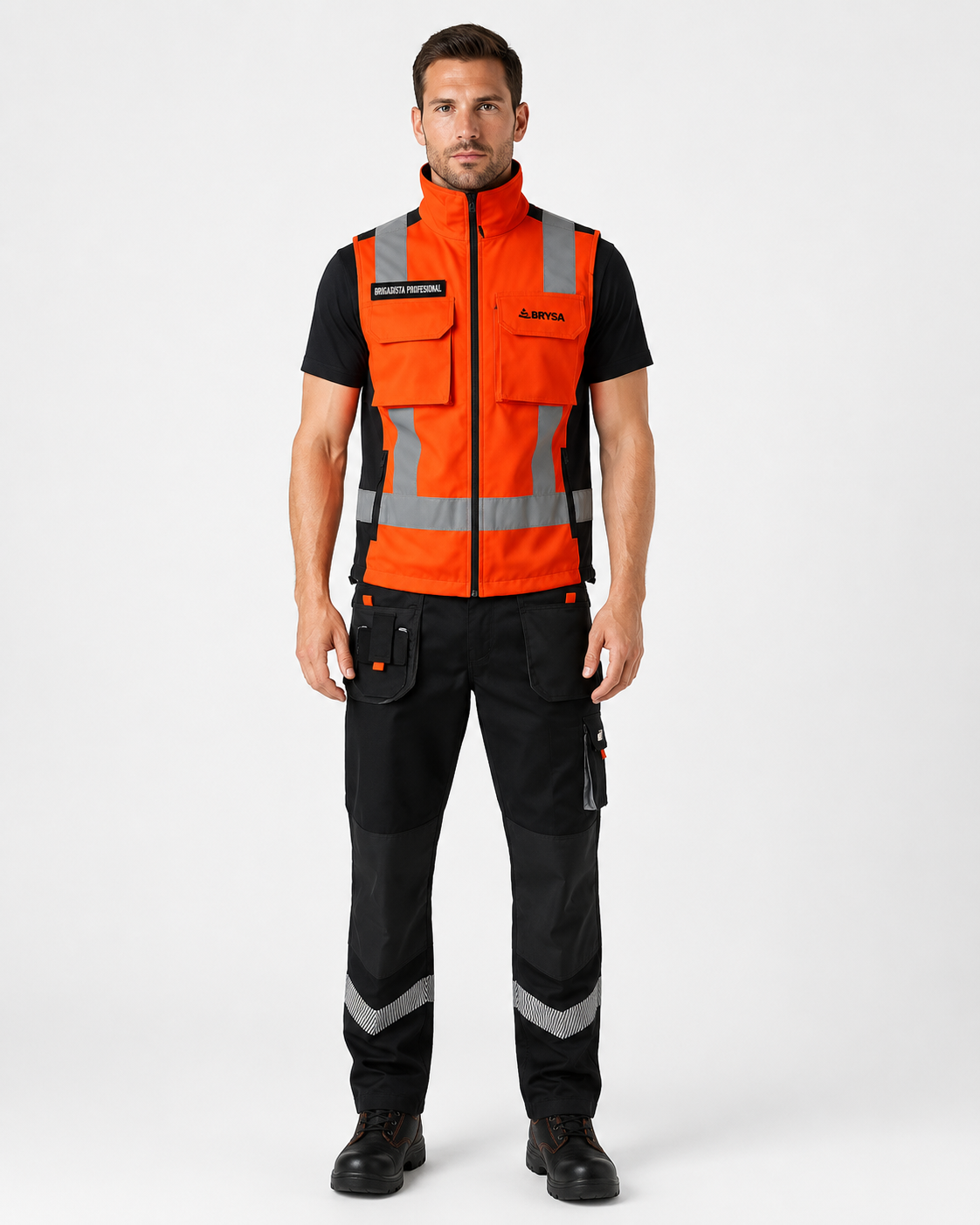 Uniforme para brigada de emergencia con chaleco de alta visibilidad, bandas reflectantes y pantalón cargo, vista frontal.