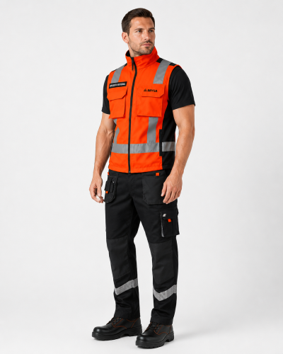 Uniforme industrial para brigadistas con chaleco naranja reflectante y pantalón cargo negro, vista frontal tres cuartos derecha.