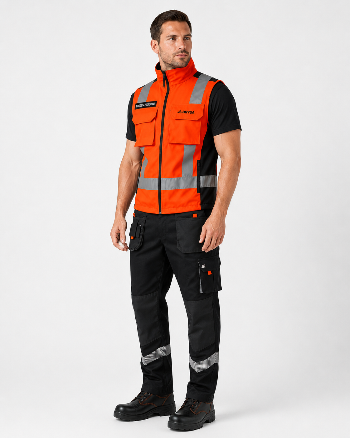Uniforme industrial para brigadistas con chaleco naranja reflectante y pantalón cargo negro, vista frontal tres cuartos derecha.