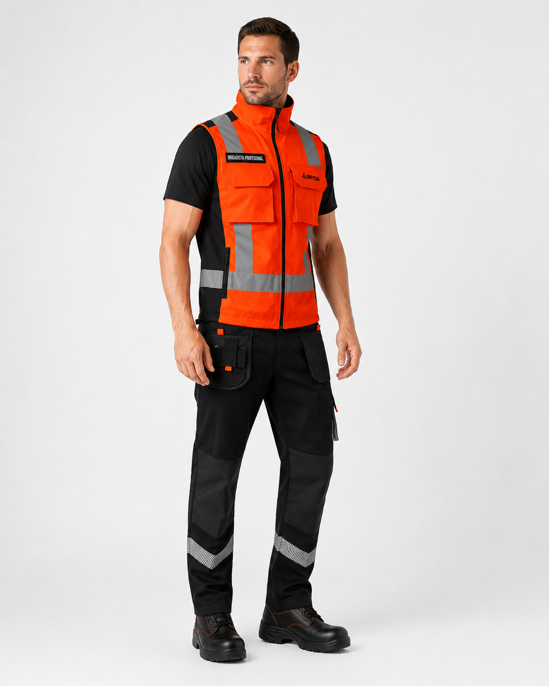 Uniforme de alta visibilidad con chaleco reflectante de múltiples bolsillos y pantalón cargo, vista frontal tres cuartos izquierda.
