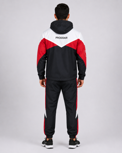 Parte posterior del buzo deportivo institucional con chaqueta de capucha y pantalón deportivo de diseño tricolor, vista posterior.