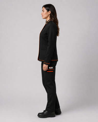 Uniforme ejecutivo femenino compuesto por chaqueta de botones y pantalón cargo negro con detalles naranjas, vista tres cuartos.