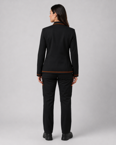 Parte posterior del uniforme corporativo femenino con chaqueta negra de corte ejecutivo y pantalón cargo negro.