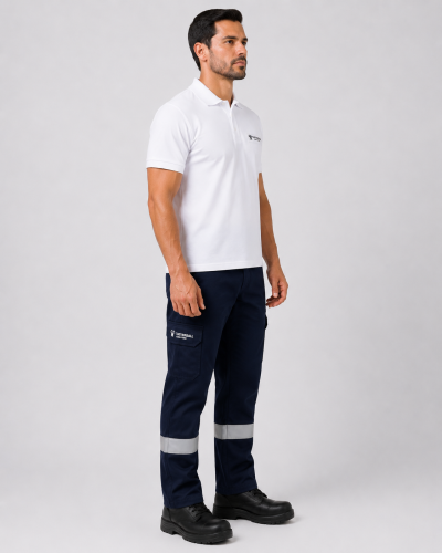 Uniforme corporativo con polo de piqué de algodón y pantalón cargo reflectante azul marino, vista lateral izquierda.