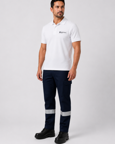 Uniforme corporativo con polera tipo polo de piqué de algodón blanca y pantalón cargo azul marino con bandas reflectantes, vista frontal.