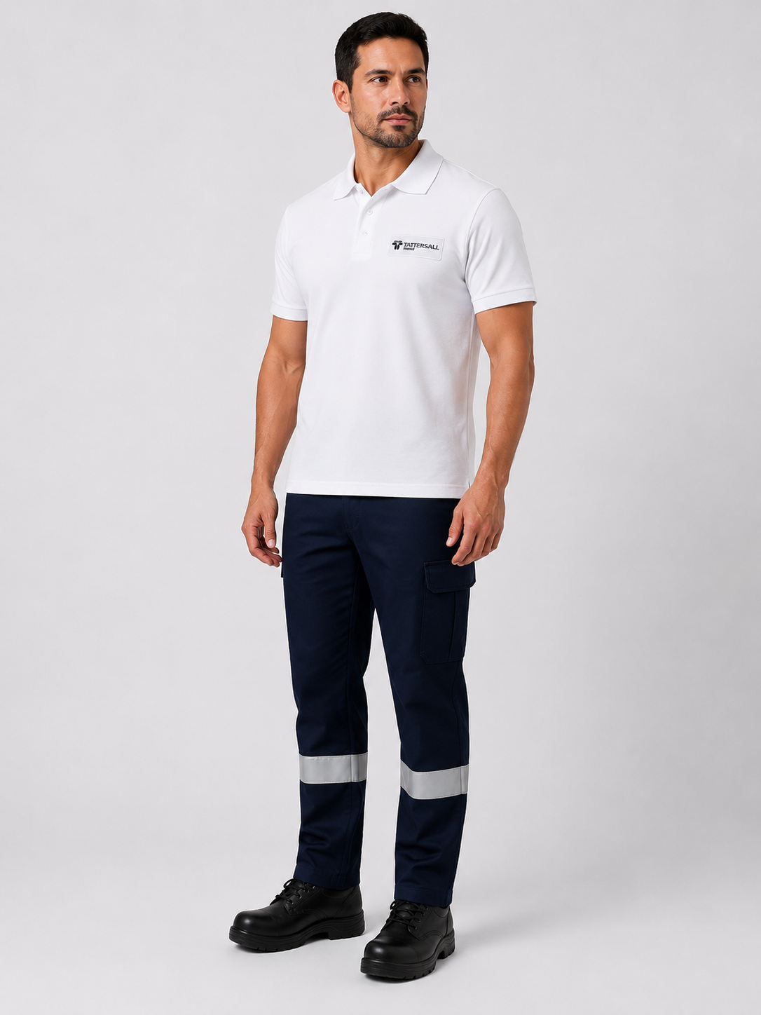 Uniforme corporativo con polera tipo polo de piqué de algodón blanca y pantalón cargo azul marino con bandas reflectantes, vista frontal.