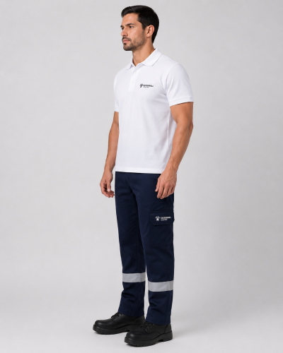 Uniforme operativo con polera tipo polo de algodón y pantalón cargo azul marino con bandas reflectantes, vista tres cuartos.