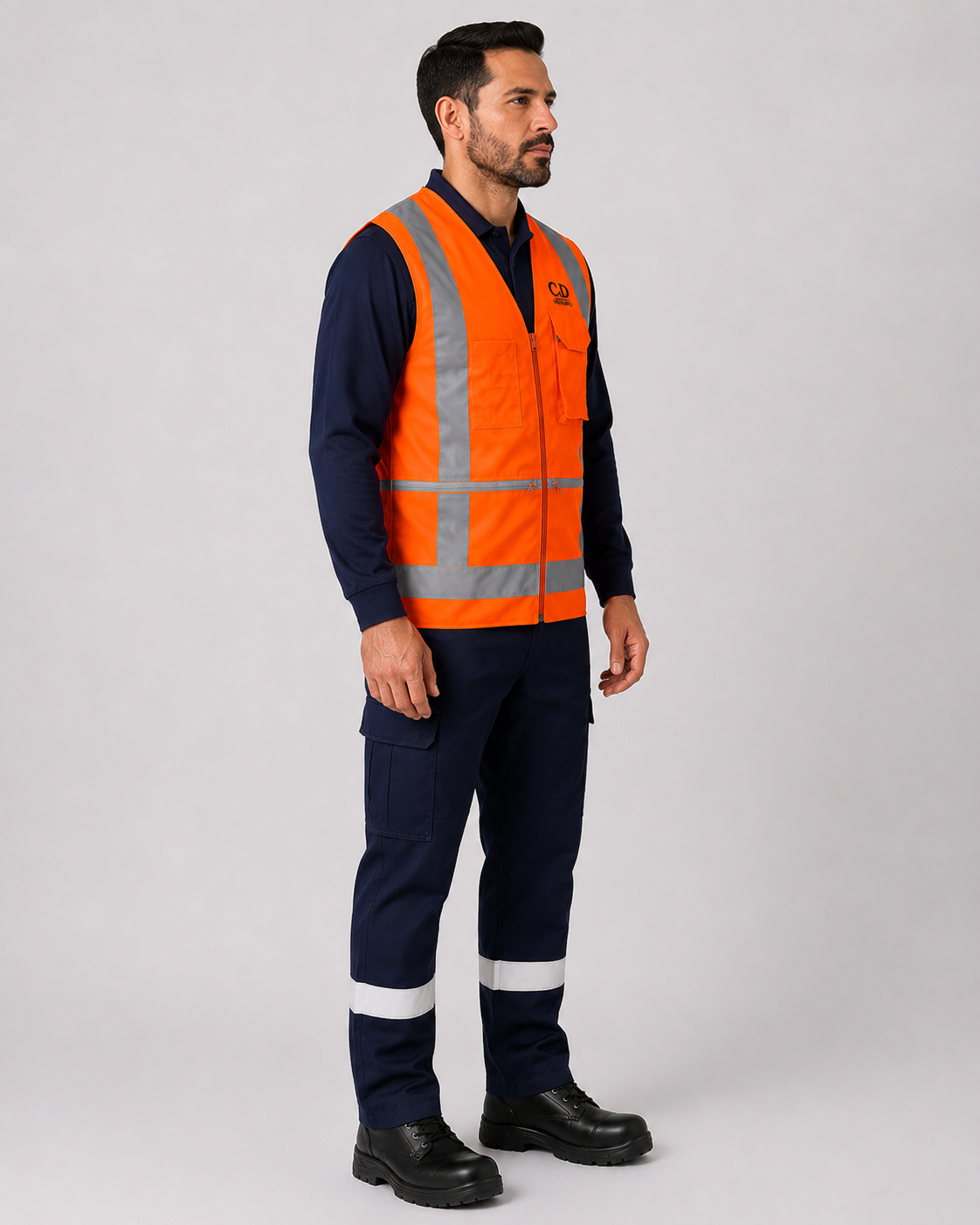 Uniforme de ingeniería con geólogo reflectante naranjo, polera tipo polo manga larga y pantalón cargo azul marino, vista lateral izquierda.