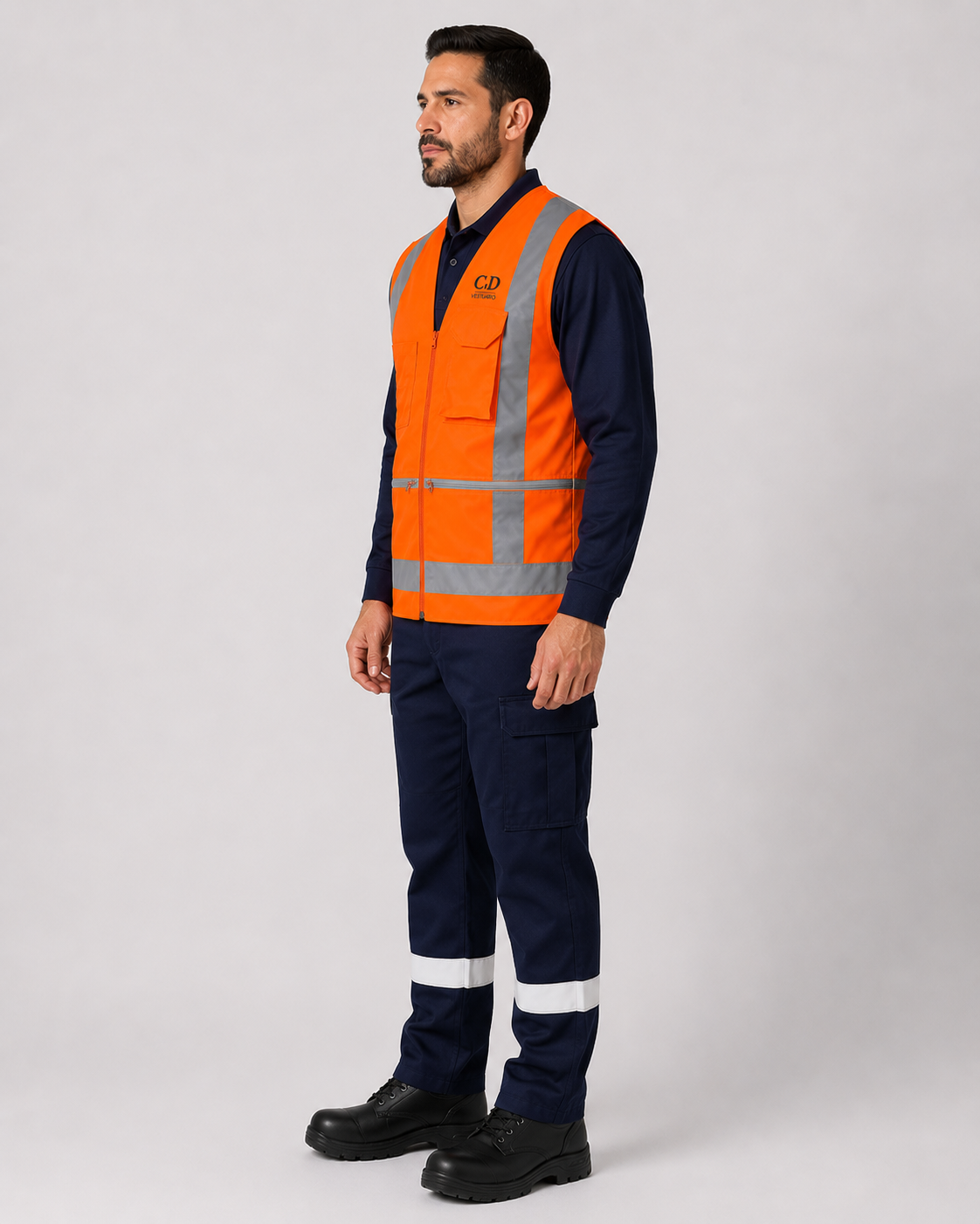 Uniforme de alta visibilidad compuesto por geólogo reflectante, polera tipo polo y pantalón cargo para trabajo en terreno, vista tres cuartos.