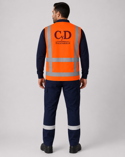 Uniforme de faena con geólogo reflectante color naranjo y logotipo posterior sobre polera tipo polo y pantalón cargo, vista posterior.