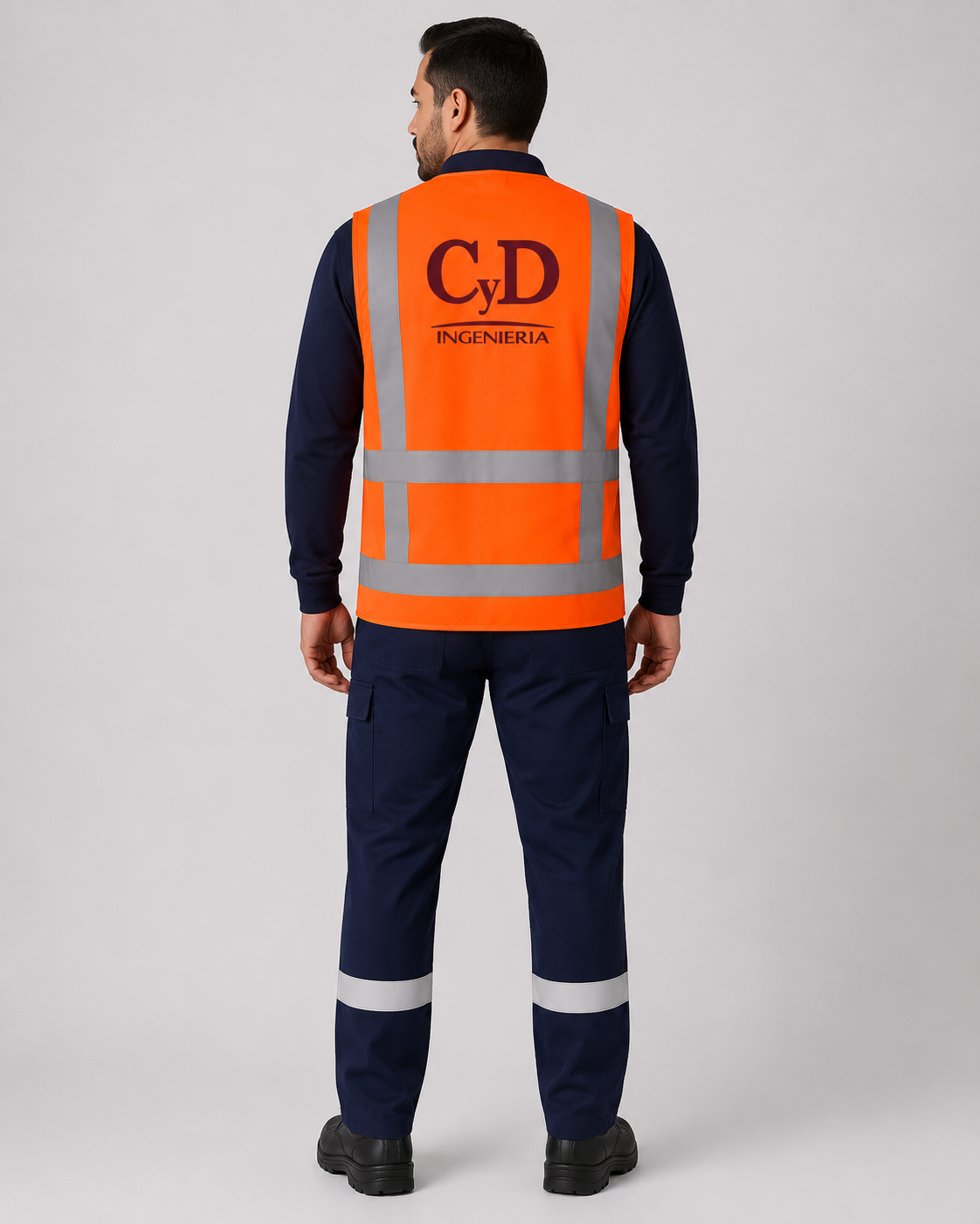 Uniforme de faena con geólogo reflectante color naranjo y logotipo posterior sobre polera tipo polo y pantalón cargo, vista posterior.