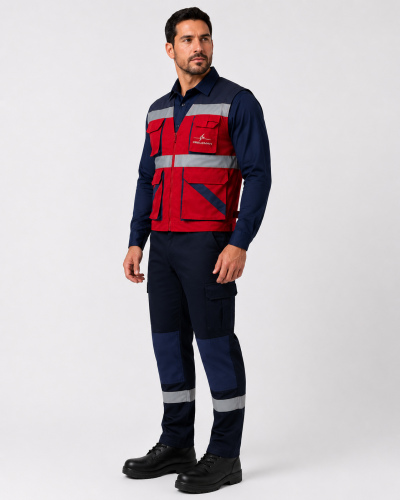 Uniforme para trabajos eléctricos industriales con geólogo de alta visibilidad, camisa manga larga y pantalón cargo, vista tres cuartos.