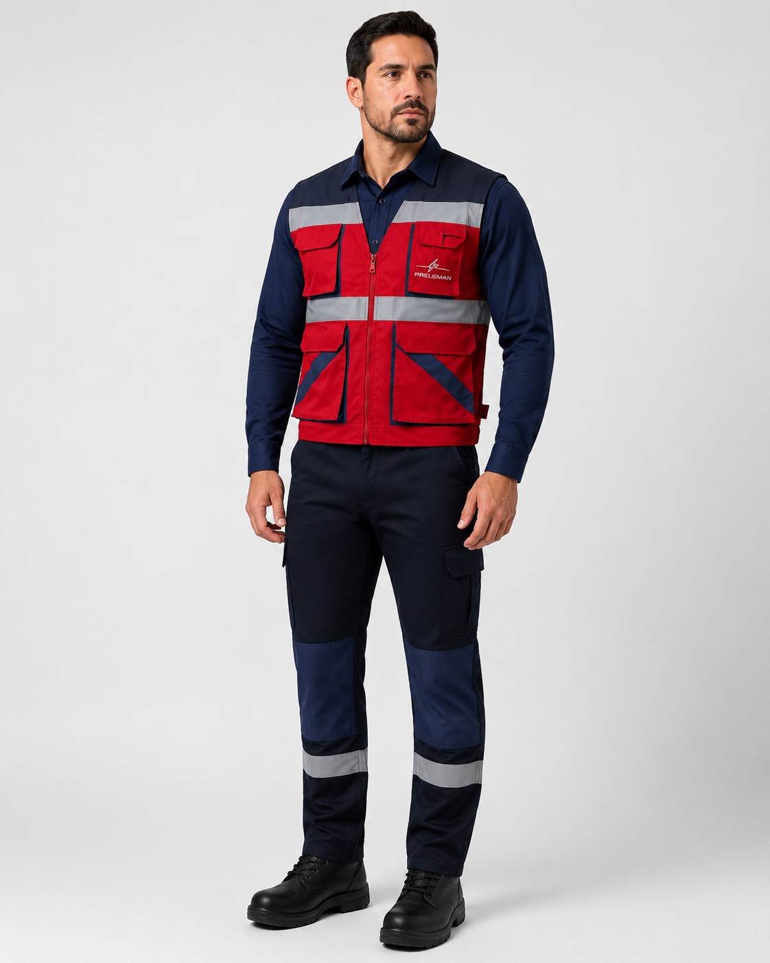 Uniforme industrial con geólogo rojo de alta visibilidad, camisa manga larga y pantalón cargo con zonas de alta resistencia, vista frontal.