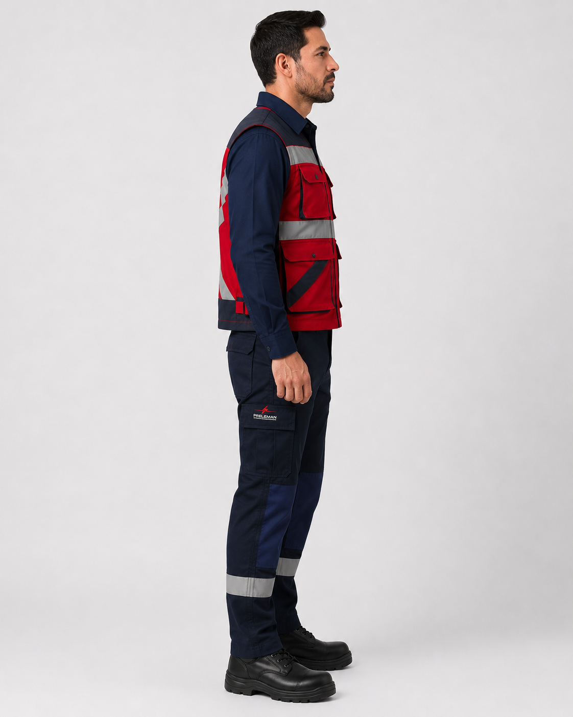 Uniforme operativo con geólogo multibolsillos reflectante, camisa manga larga y pantalón cargo de alta resistencia, vista lateral izquierda.