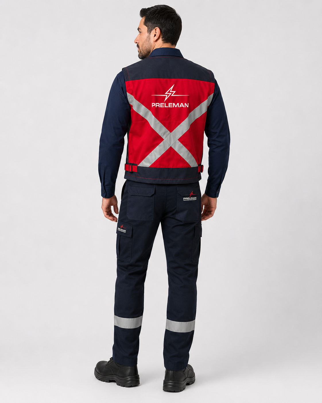 Vista posterior del uniforme industrial con geólogo reflectante en X y pantalón cargo con bandas reflectantes y zonas de alta resistencia.