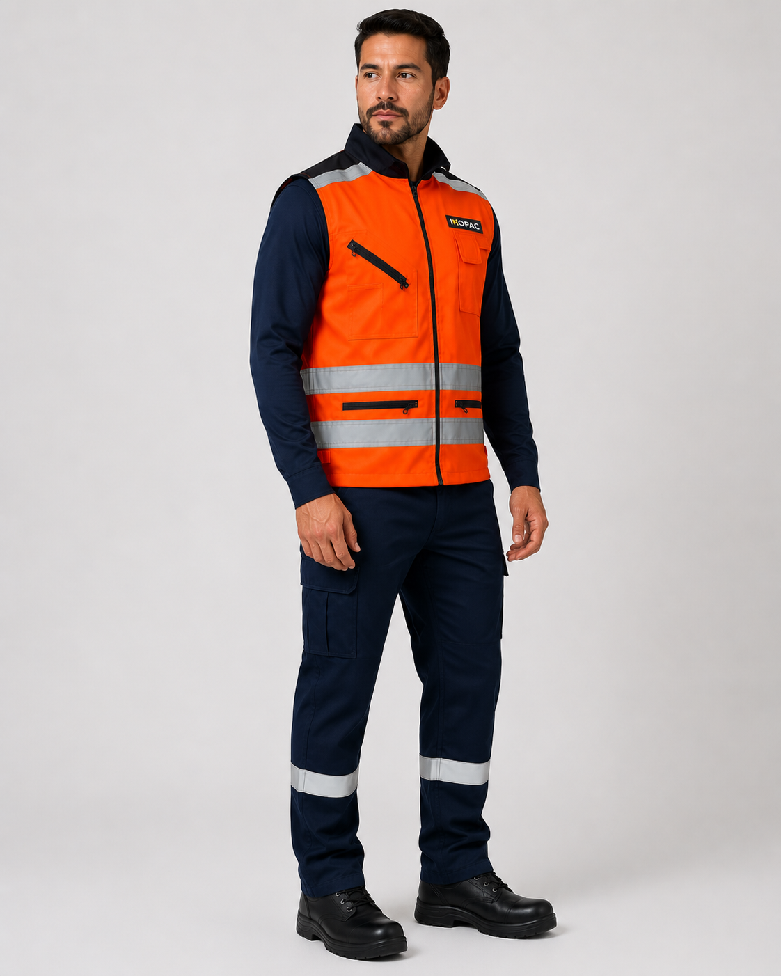Uniforme operativo para minería con geólogo reflectante naranja, camisa manga larga y pantalón cargo azul marino, vista tres cuarto