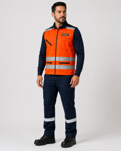 Uniforme minero con geólogo naranja de alta visibilidad, camisa manga larga azul marino y pantalón cargo con bandas reflectantes, vista frontal.