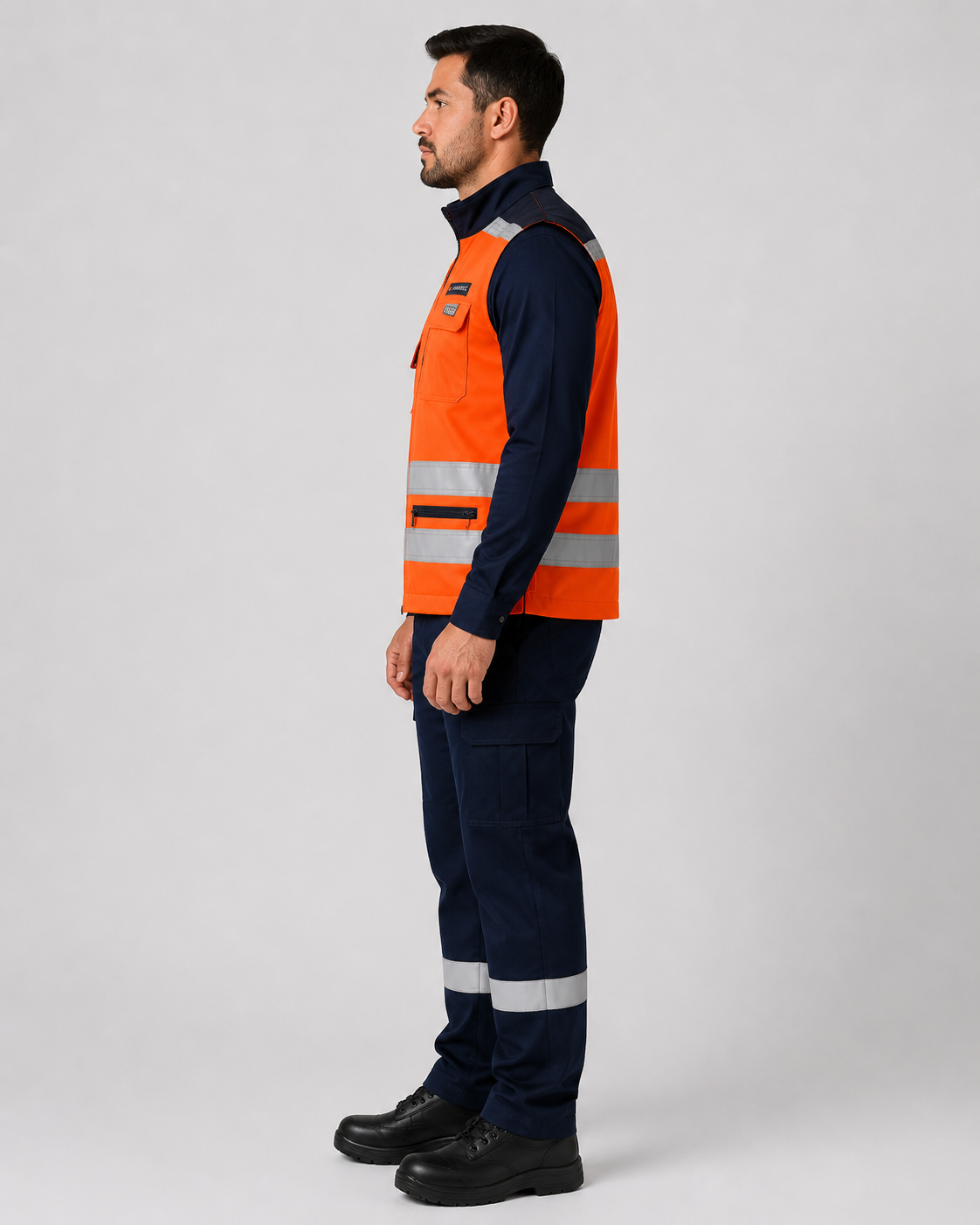 Uniforme industrial con geólogo de alta visibilidad, camisa manga larga y pantalón cargo con bandas reflectantes, vista lateral izquierda