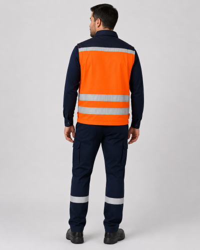 Parte posterior del uniforme operativo con geólogo naranja de alta visibilidad y pantalón cargo azul marino con bandas reflectantes.