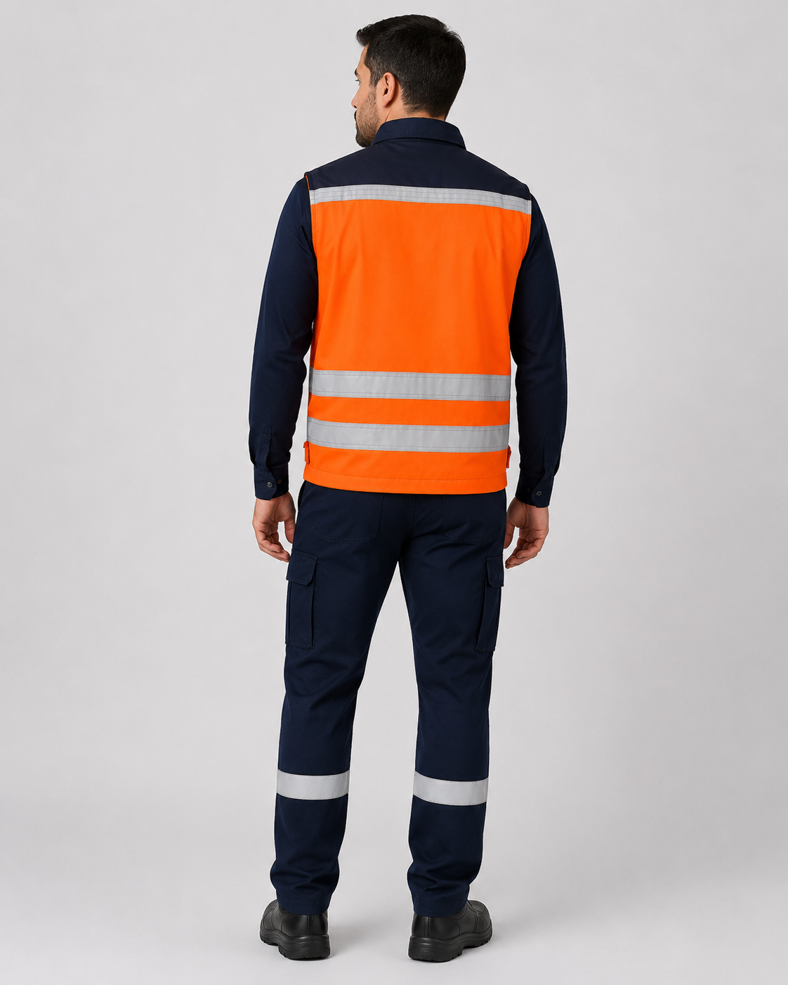 Parte posterior del uniforme operativo con geólogo naranja de alta visibilidad y pantalón cargo azul marino con bandas reflectantes.