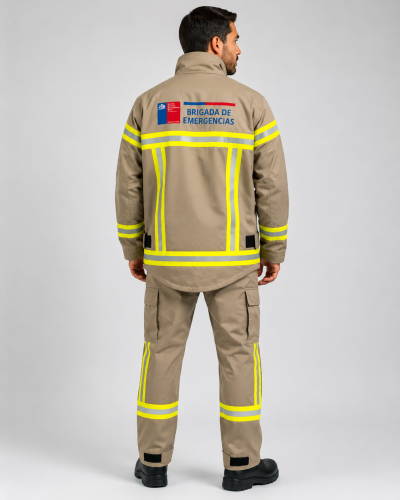 Parte posterior del uniforme para brigada de emergencia confeccionado en tela Ripstop con huinchas reflectantes día y noche, vista posterior.