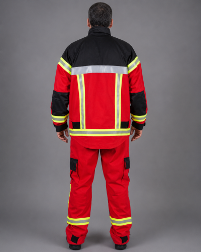 Parte posterior del uniforme multirrol ignífugo con bandas reflectantes día/noche y zonas reforzadas, vista posterior.