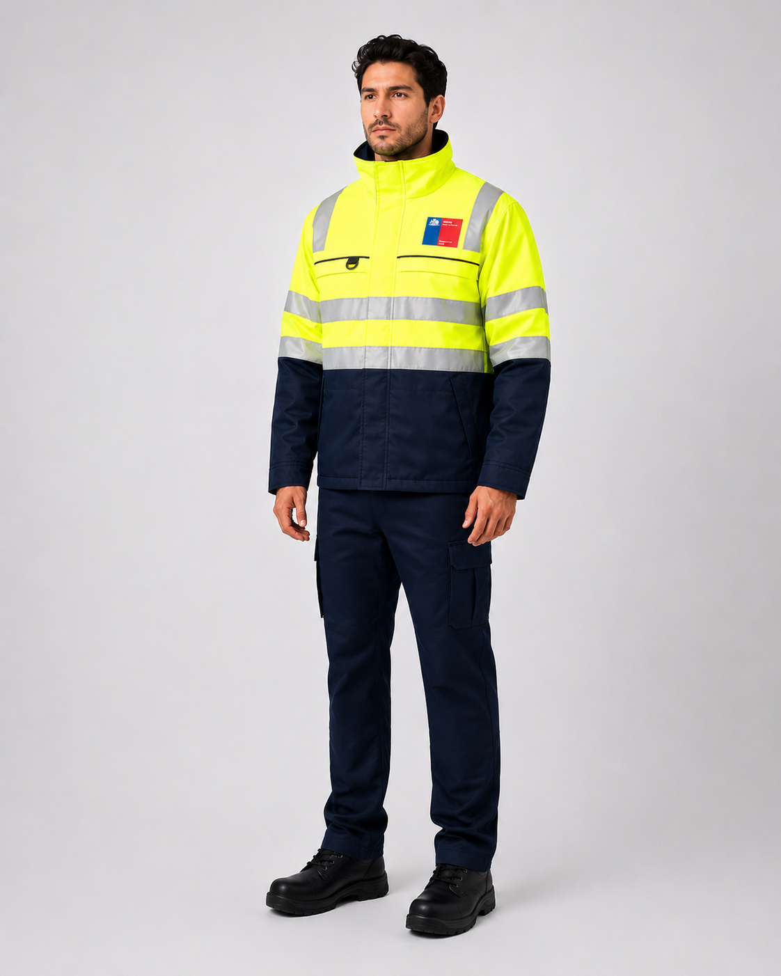 Uniforme operativo de alta visibilidad con parka bicolor de cuello alto, bandas reflectantes y pantalón cargo azul marino, vista frontal.