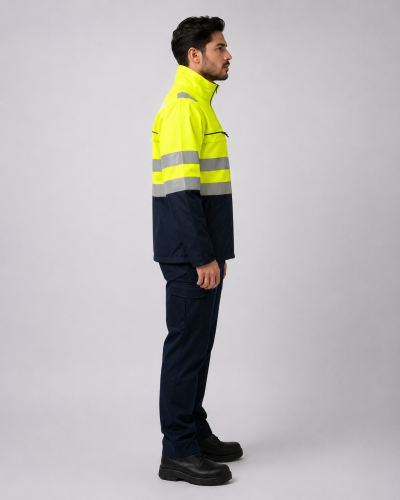 Uniforme operativo con parka impermeable de alta visibilidad y pantalón cargo azul marino, vista lateral derecha.