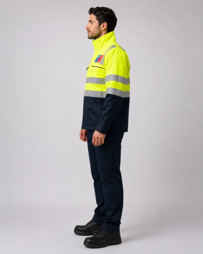 Uniforme para fiscalización con parka de alta visibilidad, huinchas reflectantes y pantalón cargo de gabardina, vista lateral izquierda.