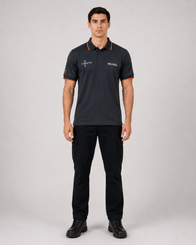 Uniforme operativo con polera tipo polo gris confeccionada en jersey algodón y pantalón cargo negro, vista frontal.