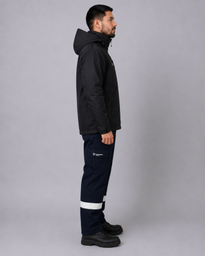 Uniforme para operaciones en terreno con parka 3 en 1 de cuello alto y pantalón cargo azul marino con bandas reflectantes, vista lateral derecha.