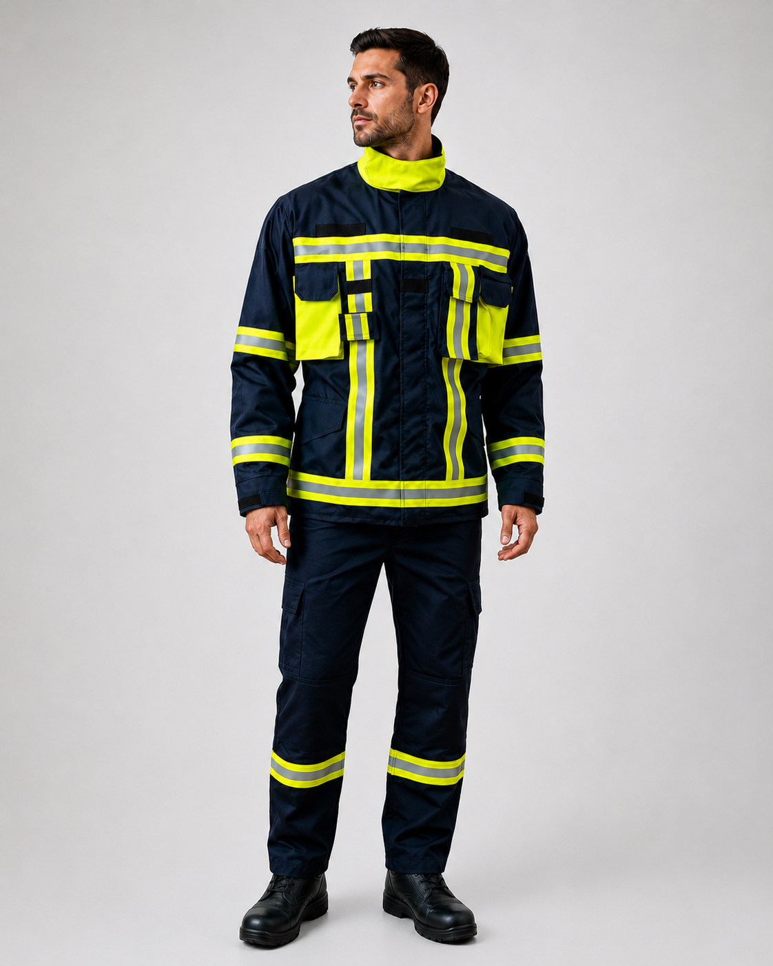 Uniforme de rescate de alta visibilidad con chaqueta técnica de múltiples bolsillos, huinchas reflectantes día/noche y pantalón cargo Ripstop, vista frontal.