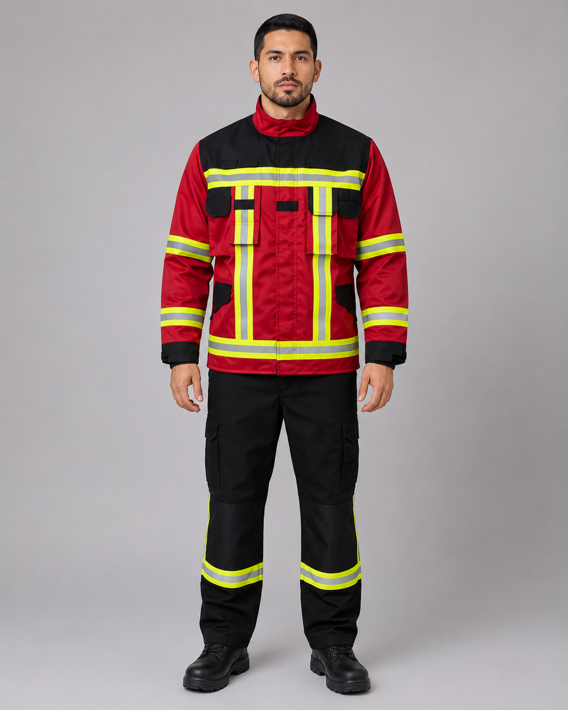 Uniforme de rescate con chaqueta roja y negra de alta visibilidad, múltiples bolsillos y pantalón negro con huinchas reflectantes, vista frontal.