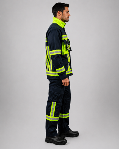 Uniforme operativo para equipos de rescate con chaqueta técnica, múltiples bolsillos y pantalón Ripstop con huinchas reflectantes día/noche, vista lateral derecha.
