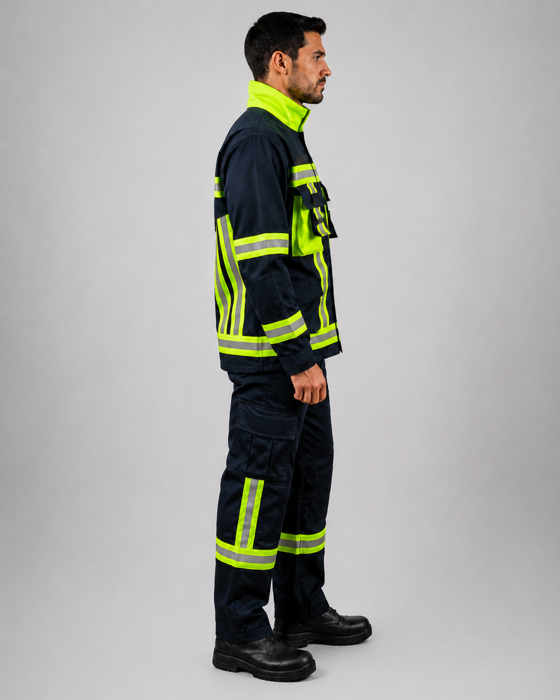 Uniforme operativo para equipos de rescate con chaqueta técnica, múltiples bolsillos y pantalón Ripstop con huinchas reflectantes día/noche, vista lateral derecha.