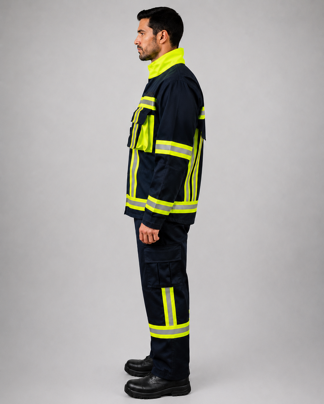 Uniforme profesional para rescate con cuello alto, chaqueta de alta visibilidad con huinchas reflectantes día/noche y pantalón cargo, vista lateral izquierda