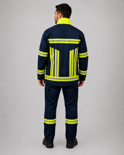 Parte posterior del uniforme de rescate con sistema envolvente de huinchas reflectantes día/noche distribuidas en espalda y pantalón, vista posterior.