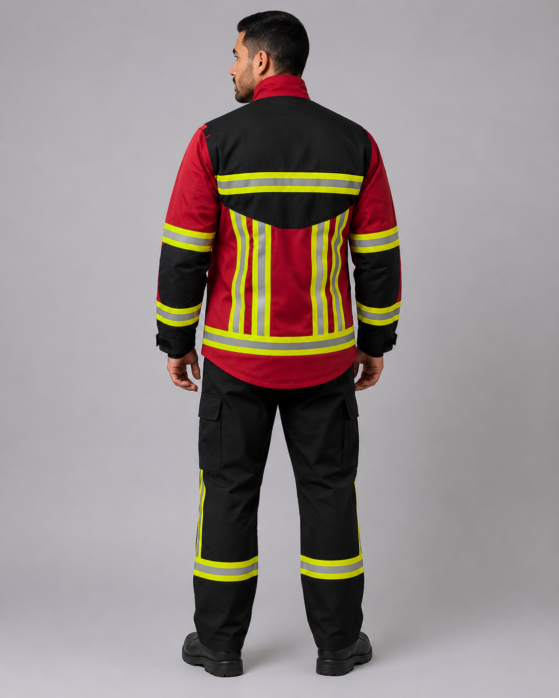 Parte posterior del uniforme de rescate con bandas reflectantes verticales y horizontales en la chaqueta y pantalón con elementos reflectantes, vista posterior.