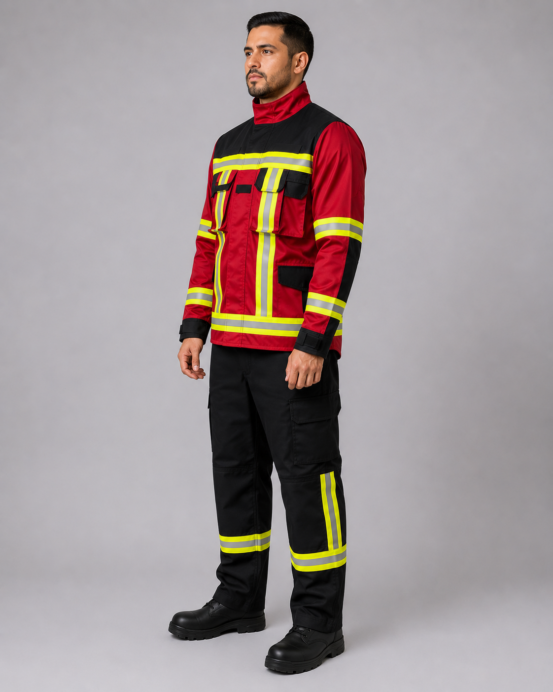 Uniforme de rescate de alta visibilidad con chaqueta de múltiples bolsillos y pantalón reforzado con huinchas reflectantes, vista tres cuartos.