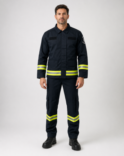 Uniforme Ripstop para formación bomberil con chaqueta de manga larga con huinchas reflectantes y jardinera con tirantes elásticos, vista frontal.