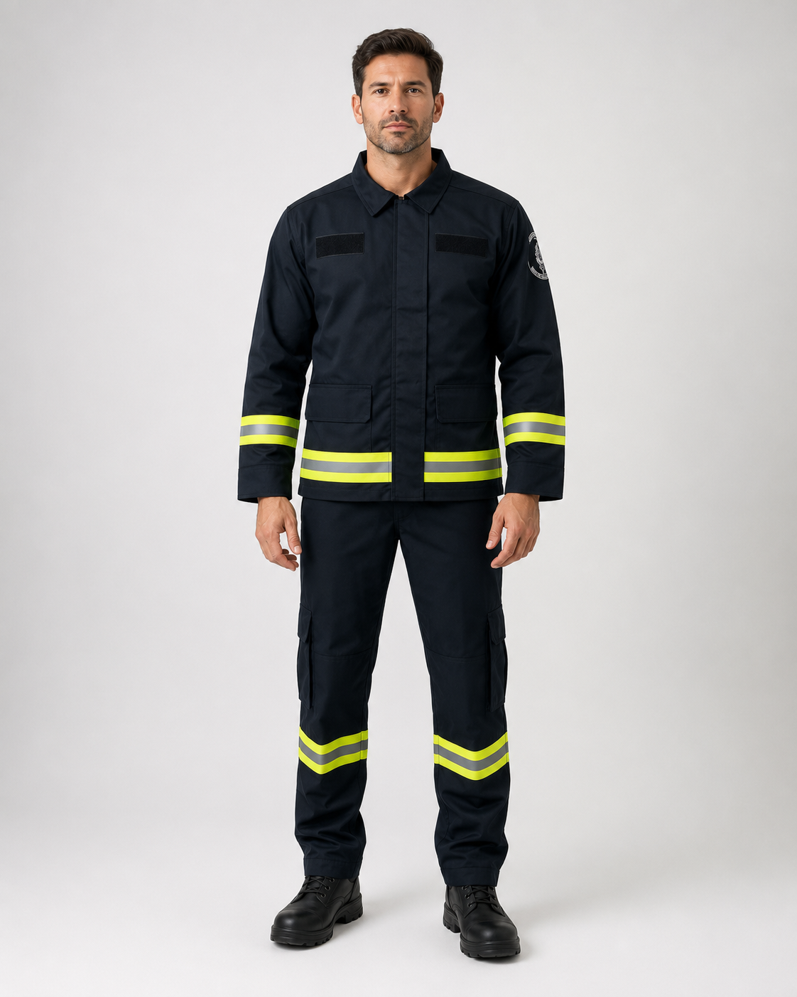 Uniforme Ripstop para formación bomberil con chaqueta de manga larga con huinchas reflectantes y jardinera con tirantes elásticos, vista frontal.