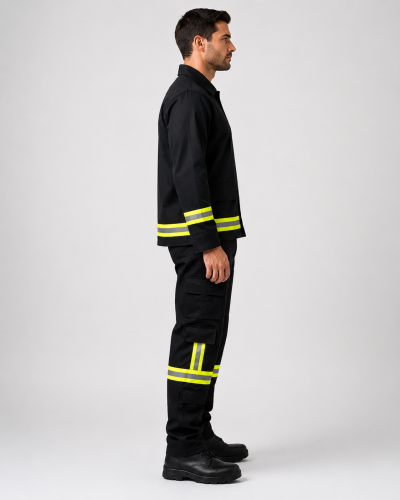 Uniforme operativo confeccionado en tela Ripstop con chaqueta forrada y jardinera con múltiples bolsillos y huinchas reflectantes, bordado institucional en el brazo, vista lateral izquierda.
