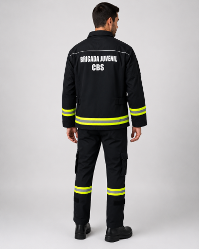 Parte posterior del uniforme para formación bomberil con estampado reflectante en la espalda, chaqueta con huinchas reflectantes y jardinera, vista posterior.