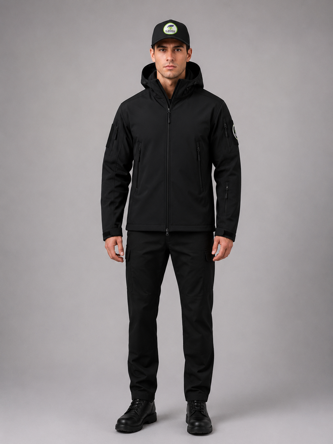 Uniforme de seguridad ciudadana con chaqueta confeccionada en softshell, pantalón de gabardina y gorra institucional, vista frontal.