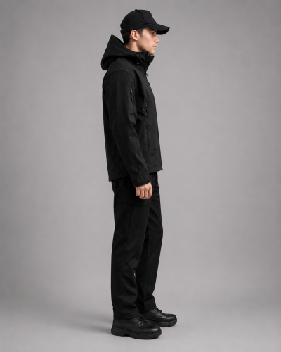 Uniforme de seguridad ciudadana con chaqueta confeccionada en softshell, pantalón de gabardina, gorra institucional y calzado de seguridad, vista lateral izquierda.