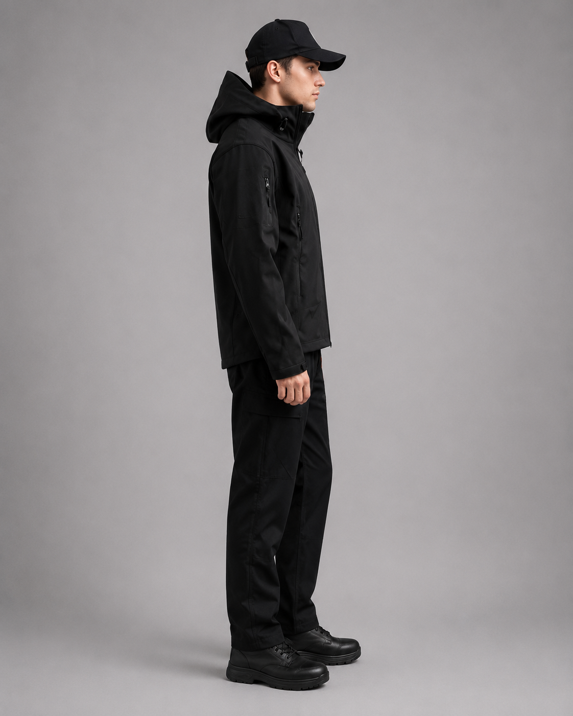 Uniforme de seguridad ciudadana con chaqueta confeccionada en softshell, pantalón de gabardina, gorra institucional y calzado de seguridad, vista lateral izquierda.