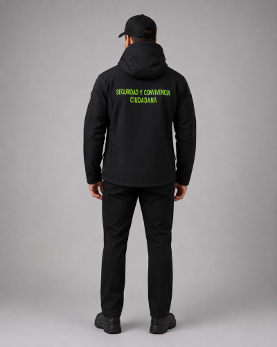 Parte posterior del uniforme de seguridad ciudadana con chaqueta softshell negra, capucha integrada y pantalón de gabardina.