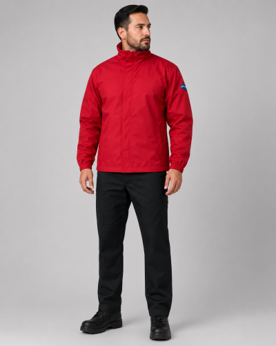 Uniforme para seguridad privada con parka roja cortaviento e impermeable de cuello alto y pantalón cargo negro, vista frontal.