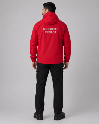 Parte posterior del uniforme para seguridad privada con parka roja de capucha integrada y pantalón cargo negro, vista posterior.